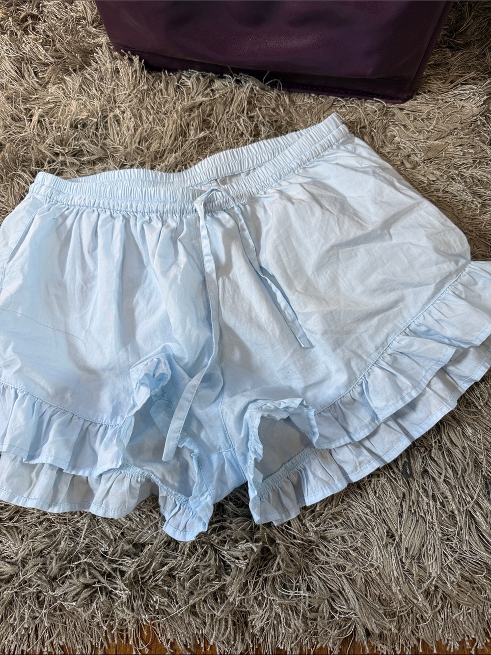 Women's High-Waist Light Blue Ruffle Hem Shorts